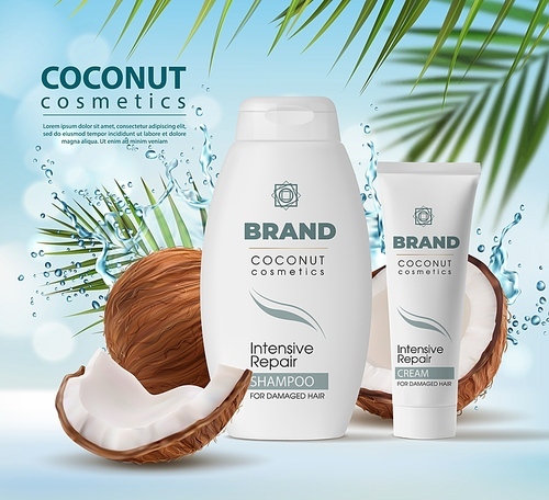 Coconut cosmetics, shampoo and cream packagings with water splashes and palm leaves. Realistic vector coconut oil cosmetic products of 3d white bottle and tube, nut shell and milk drops