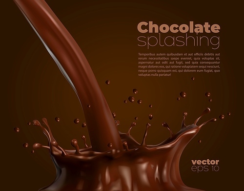 Chocolate or cocoa flow with crown splash, 3d vector sweet drink. Liquid brown dessert drink pouring with drops and wave splatters, realistic dark cacao, coffee milk, melted choco sauce swirl