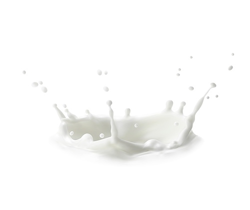 Milk crown splash, splatters and white milky drops, realistic vector. Milk splash flow or cream drink pouring wave with spatter and splatter of drips, liquid yogurt whirl for dairy products background