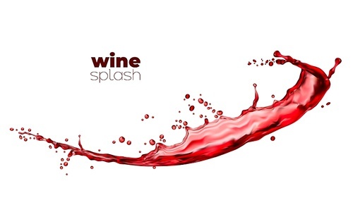 Isolated swirl red wine and juice wave splash with drops. Red juice jet with splatters frozen motion, 3d realistic vector fruit or grapes wine twirl. Healthy drink juicy beverage splash