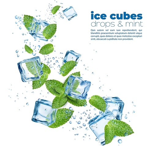 Clean water, ice crystal cubes with mint leaves and bubbles. Menthol, cool mint, peppermint, spearmint, mojito or lemonade drink wave splash and 3d isolated realistic vector falling frizen cubes