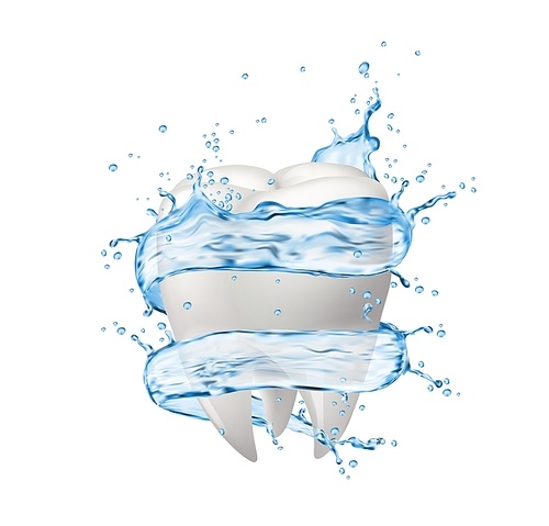Mouthwash, teeth and clean water swirl splashes. Mouth rinse or dental care and hygiene 3d realistic vector. Clean blue water or mouthwash liquid or rinse flow droplets and splatters