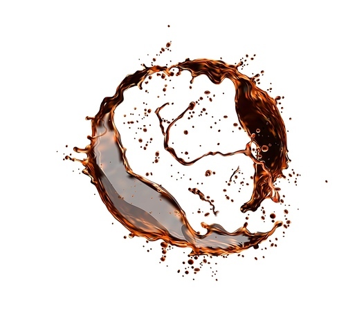 Cola or whiskey drink splash swirl with drops, soda beverage or alcohol wave flow. Vector brown liquid whirlpool of coffee, black tea, cognac or rum. Realistic 3d splashing, abstract aqua vortex