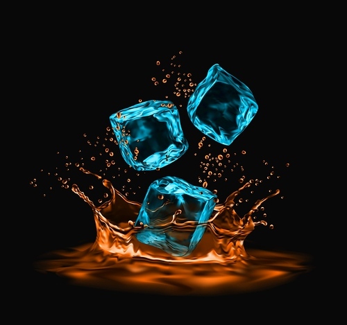 Realistic ice cubes and whiskey corona splash with splatters, vector background. Blue Ice crystal cubes falling to whiskey, cognac or rum, bourbon and brandy. Splashing drops, premium alcohol drinks