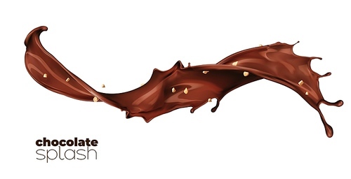 Chocolate, cocoa and coffee milk isolated splash with crushed peanuts. Realistic vector dessert wave or flow with splatters, 3d brown chocolate stream with drops, liquid splashing with droplets