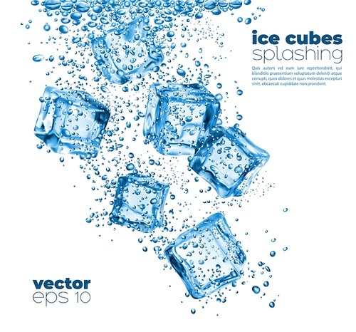 Ice cubes falling in transparent water, splash and dipping frozen crystal cubes. Cooled water, liquid flow with air bubbles. Purity realistic vector with dropping ice in aqua frozen motion