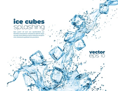 Blue water wave cascade splashes and crystal ice cubes. Vector 3d realistic liquid wave, transparent falling iced blocks and melting droplets. Fresh drink and frozen ice pieces with splatters