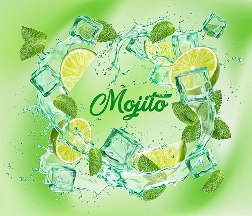 Mojito cocktail, lemonade drink. Wwater wave splash with lime, mint leaves and ice cubes. Realistic vector swirl of mojito with lemon fruit slices, juice drops and bubbles, 3d beverage