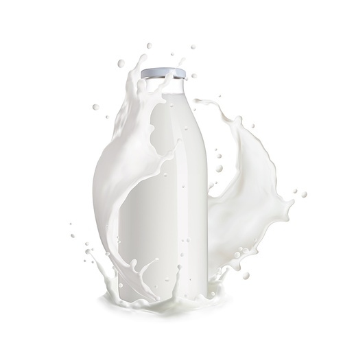 Realistic milk bottle with cream splash, isolated vector white wave with drops around glass flask with dairy product. 3d fluid with splatters, liquid milky flow stream, calcium food