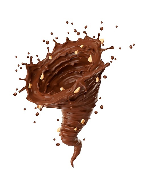 Realistic chocolate whirlwind or tornado twister and crushed peanuts, vector cocoa drink. Chocolate, coffee milk and cacao whirlwind tornado with nuts in whirl swirl with splashing drops spatter