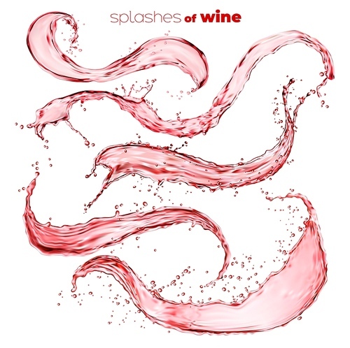 Red juice or wine wave and flow with drops, isolated wine splash swirls. Vector liquid alcohol or refreshing drink splashing set, dynamic motion elements with spray droplets, realistic 3d beverage
