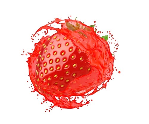 Ripe raw strawberry with juice splash. Fresh drink spill or swirl with bubbles, juicy beverage realistic vector whirl or splash. Isolated summer drink with strawberry juice splash falling ripples