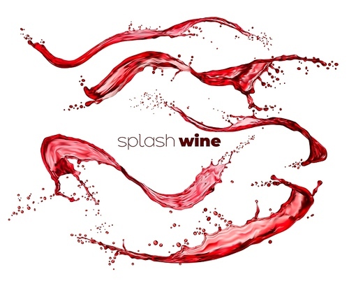 Red wine or juice wave splash and flow with drops. Isolated wine swirls falling stream, fruit or berry juice twirl ripple. Grape, strawberry or cherry juice realistic vector flow whirls or jets