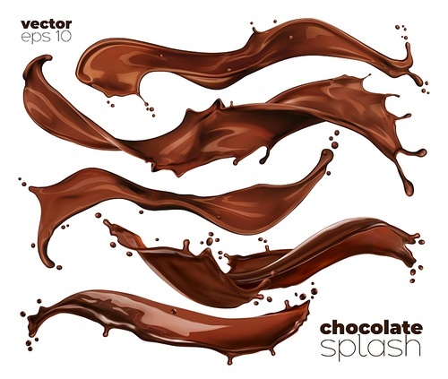 Chocolate and cocoa milk wave splashes, isolated dessert swirl drink or flow stream with splatters. Realistic vector brown coffee streams with drops, liquid splashing with droplets 3d wav splashes