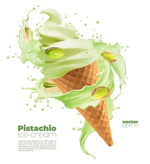 Realistic isolated pistachio ice cream cone with splash and nuts. 3d vector soft serve icecream in waffle cone with green swirl. Wafer cup with sweet creamy confectionery dessert and pistachio