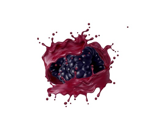 Ripe raw blackberry with juice splash. Vitamin natural juice realistic vector swirl or flow, berry drink whirl or twirl with splatters. Isolated fresh blackberry beverage twirl with falling droplets