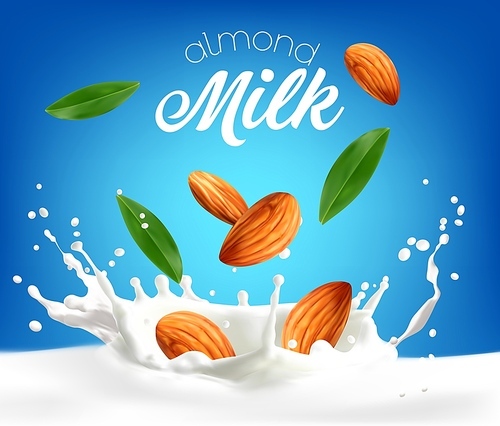 Almond milk dairy splash with nuts, cream and leaves. Vector promo design for healthy lactose free beverage with nuts pouring down in white liquid with drops and seeds, realistic 3d vegan drink