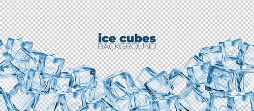 Ice cubes background, crystal ice blocks. Realistic 3d vector blue transparent frozen water cubes, glass or icy solid crystals. Template for drink ads with clean square blocks