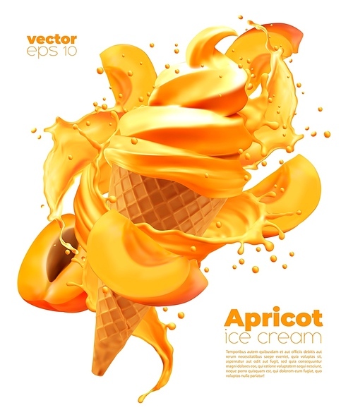 Apricot soft ice cream cone with splash. Vector realistic isolated icecream swirl in wafer cup with sauce and fruit slice. Sweet creamy confectionery dessert, dairy summer food ads promo poster design