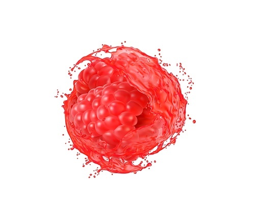 Ripe raw raspberry with juice splash. Summer fresh beverage spill or swirl with bubbles, farm berry juice realistic vector twirl or flow. Isolated healthy raspberry drink swirl with falling splatters
