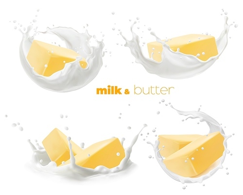 Realistic butter and milk splash. 3d vector cream swirls and fresh yellow dairy slices or cubes. Farm food for brand or product package, isolated on white background. Breakfast butter splash