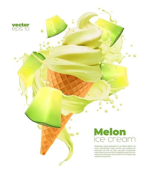 Isolated melon soft ice cream cone with fruit splash. Vector realistic icecream dessert in wafer cup with liquid sauce swirl, drops and fruit pieces. Cold dessert, sweet summer snack