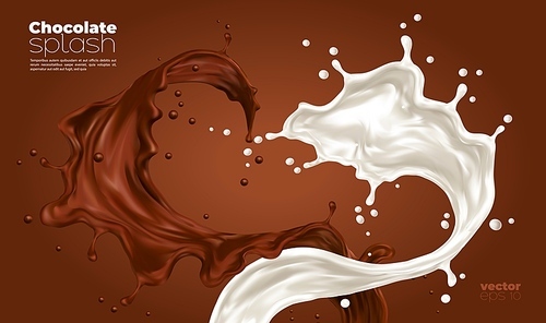Milk and chocolate splash swirls and flow. Realistic vector background with cocoa and milky waves with drops. Brown and white stream splash of dessert drink and splatters. liquid 3d waves heart