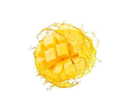 Mango fruit slice with juice splash. Fresh tropical fruit beverage realistic vector spill or flow, isolated vitamin drink swirl with flying bubbles. Mango or pineapple juice splash with droplets