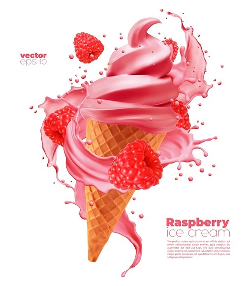 Isolated raspberry soft ice cream cone with splash. Vector realistic icecream in wafer cup with sauce swirl and flying ripe rasberry. Sweet creamy dessert, dairy summer cold snack