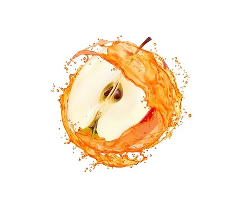 Apple fruit slice with juice splash. Vitamin juicy drink whirl or twirl with droplets. Isolated summer fruit beverage splash with falling drops or apple fresh juice realistic vector swirl splatters