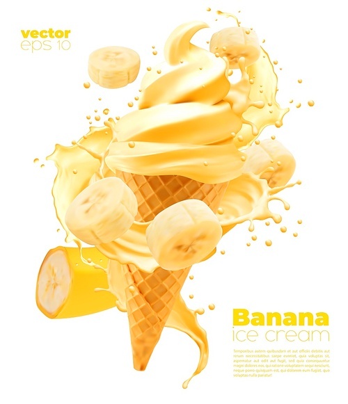 Isolated banana soft ice cream cone with splash. Vector realistic icecream in wafer cup with yellow sauce swirl and tropical fruit slices. Sweet summer dessert, banana ice cream