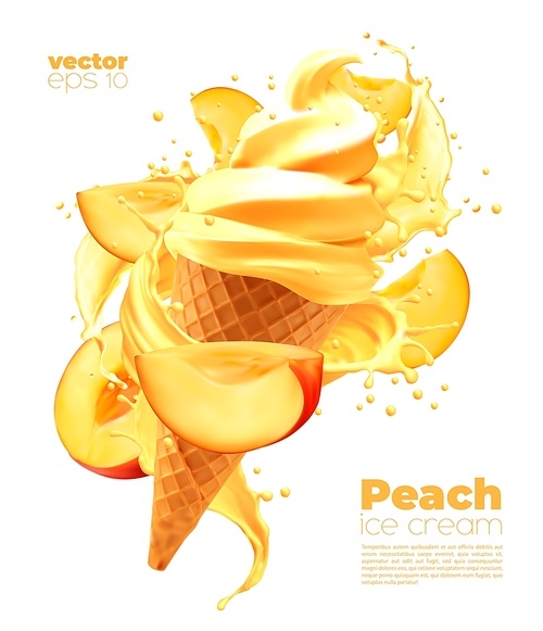 Isolated peach soft ice cream cone and fruit splash. Vector realistic fruit icecream in wafer cup withyellow splash wave swirl. Sweety creamy dessert snack
