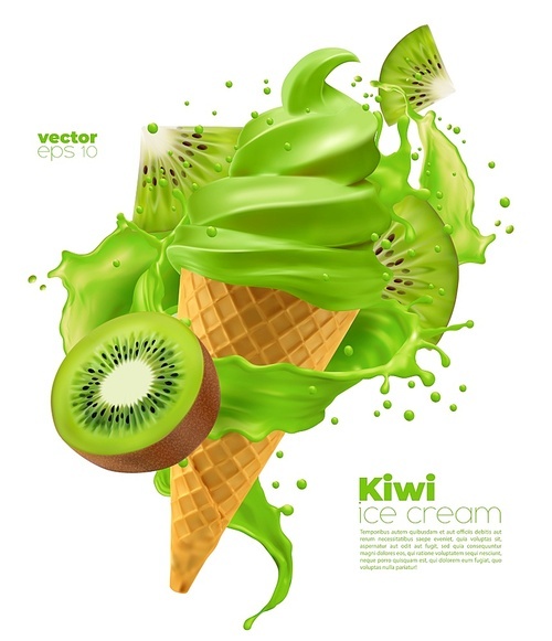 Isolated kiwi soft ice cream cone with splash. Vector 3d green realistic icecream swirl in wafer cup with sauce swirl, fruit slice and liquid drops. Summer dessert, sweet creamy food