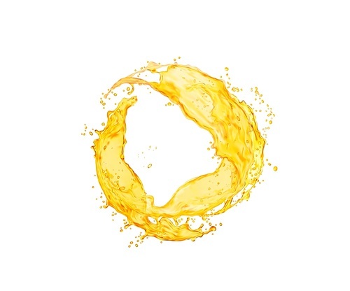 Mango juice splash. Isolated juicy tropical fruit beverage spill with falling droplets or summer vitamin drink realistic vector swirl or flow. Mango, orange juice, honey or oil twirl with drops