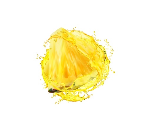 Pineapple fruit slice with juice splash. Isolated juicy drink spill with flying droplets frozen motion. Vitamin beverage twirl or spill with bubbles, fresh pineapple juice realistic vector splash