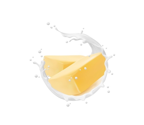 Realistic butter and milk splash. Vector fresh slices of butter in curve wavy flow of milk or cream with scatter droplets. Realistic 3d design graphics for farm production package or advertising promo