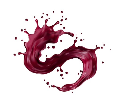Isolated blueberry or blackberry juice and yogurt splash swirl. Burgundy colored wine wave flow with drops. Vector liquid drink splashing. Realistic 3d dynamic motion element with spray droplets