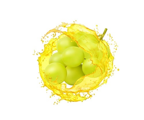 Grape with juice splash. Realistic 3d vector green grape bunch with yellow transparent juicy liquid swirl. Fresh fruit vitamin drink or wine whirl with droplets. Isolated beverage splash