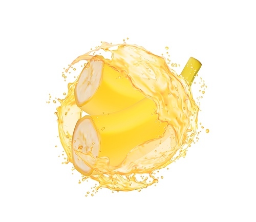 Banana fruit with juice splash. Vector cut slices with liquid yellow transparent swirl. Fresh vitamin tropical drink whirl with droplets. Isolated summer beverage wave realistic 3d splash