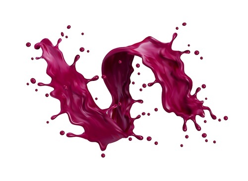 Blueberry or blackberry juice and yogurt isolated swirl splash. Vector burgundy juice or wine wave, liquid flow with drops. Alcohol or refreshing drink dynamic splashing realistic 3d splash