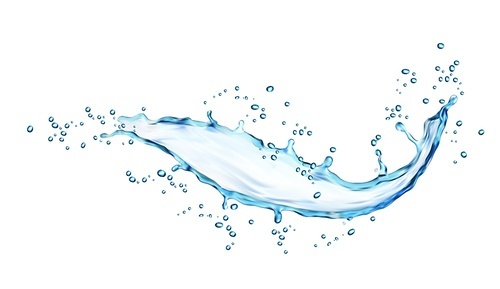 Blue water wave splash with drops, isolated water flow. Realistic vector transparent flow, aqua swirl with liquid splashing. Dynamic motion with spray droplets, fresh drink 3d design element for ads