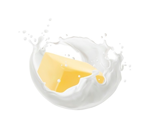 Realistic butter and milk splash. Realistic 3d vector white wave with drops and yellow fresh piece of butter. Isolated liquid dynamic motion with scatter droplets, dairy product promo design element