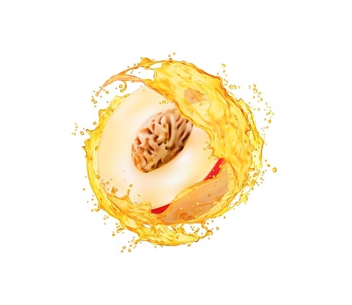 Peach fruit with juice splash. Isolated half slice with seed, juicy pulp and liquid swirl. Realistic 3d vector fresh vitamin drink whirl with droplets. Isolated beverage splash