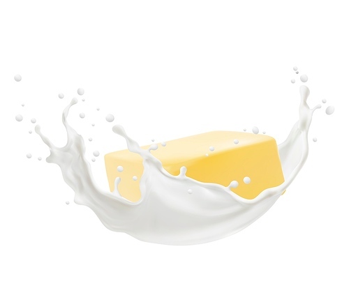 Realistic butter and milk splash. Isolated vector fresh square slice of butter with natural organic milky wave floating in air. Farm product, cream with cheese, breakfast Realistic 3d design element