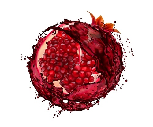 Pomegranate fruit with juice splash. Realistic 3d vector slice with pulpy seeds and liquid burgundy colored transparent swirl. Fresh vitamin drink whirl with droplets. Isolated summer beverage splash