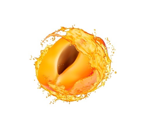 Apricot fruit with juice splash. Isolated vector half of ripe fruit with kernel and liquid transparent refreshing swirl. Realistic 3d fresh vitamin drink whirl with splashing droplets