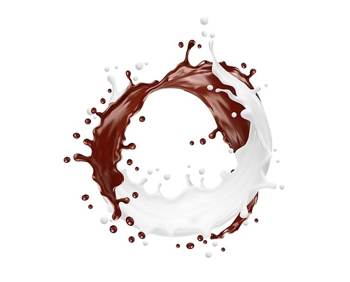 Milk and chocolate round wave splash. Milky and chocolate drink realistic splash droplets, yogurt or hot cacao circle whirl 3d vector splatters frozen motion. Sweet dessert beverage falling ripples