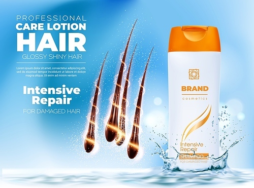 Realistic woman hair shampoo and care lotion bottle with splash. Woman beauty cosmetics realistic, lotion tube promotion vector flyer, 3d package advertising cover. Shampoo bottle sale background