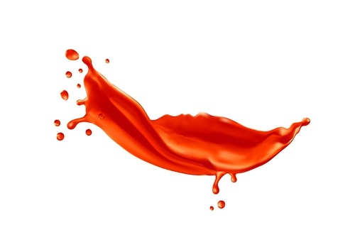 Tomato ketchup swirl splash. Red paint, sauce or tomato juice wave 3d ripples, beverage spill with frozen splatters motion, ketchup or juicy drink realistic isolated vector flow splash