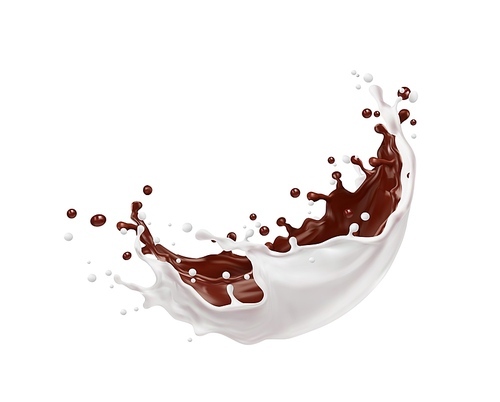Milk and chocolate wave splash. Sweet beverage, yogurt and hot cacao 3d vector splay fizz or wave droplets. Dairy product or melted chocolate dessert, milky drink or cocktail realistic splatters